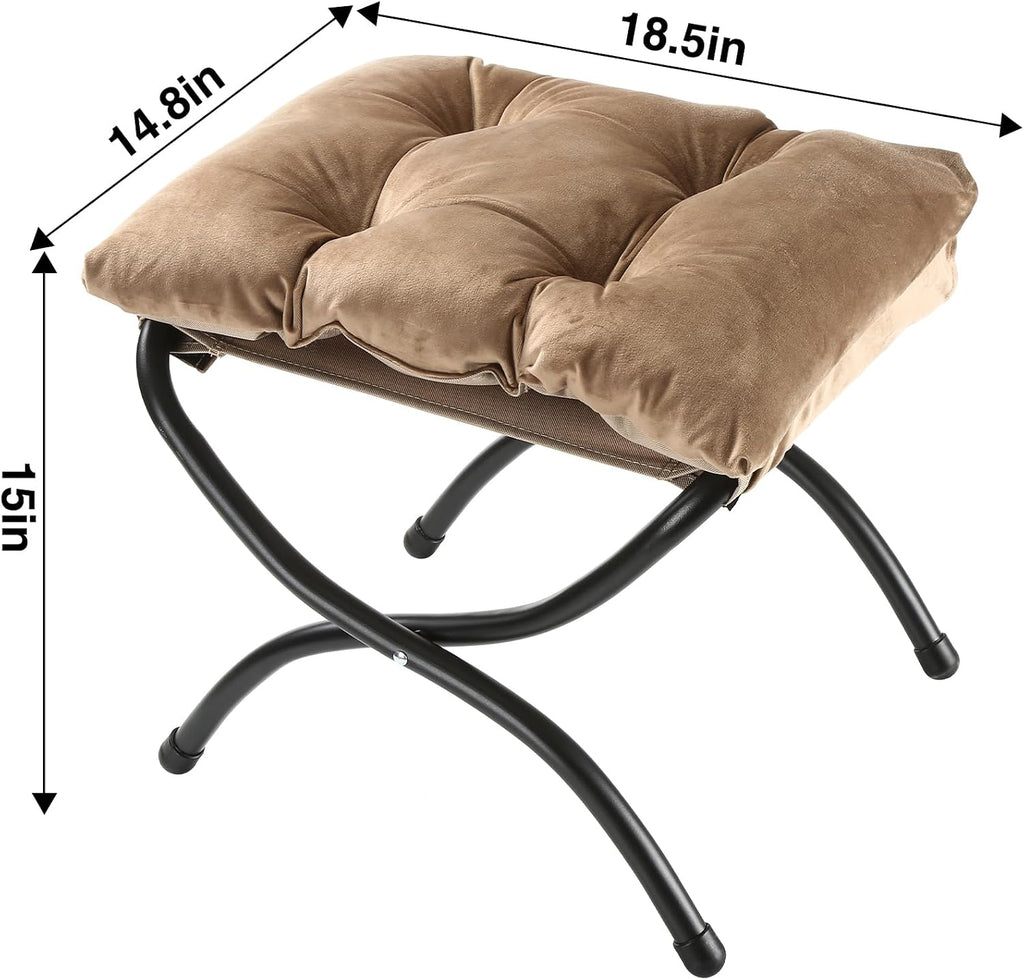 15" Upholstered Folding Foot Rest Stool with Foldable Metal Frame Khaki