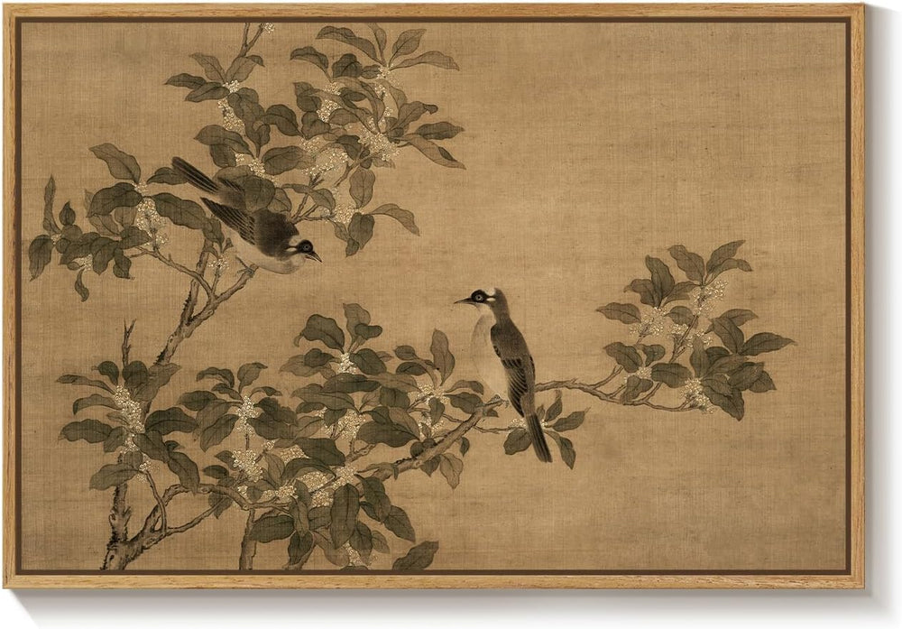Framed Vintage Neutral Rustic Botanical Bird Chinoiserie wall art, 24x36 In