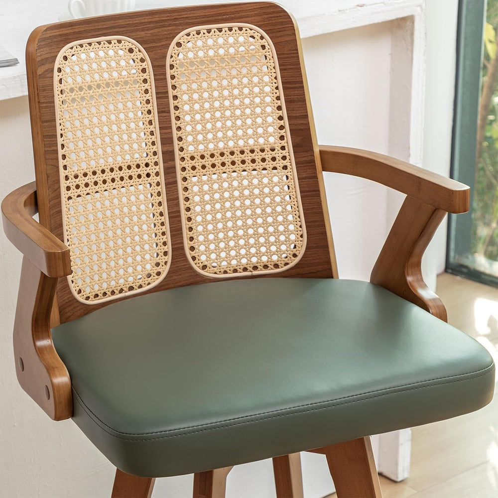 Mid Century Bar Stools, Rattan Swivel Bar Stools with Walnut Finish