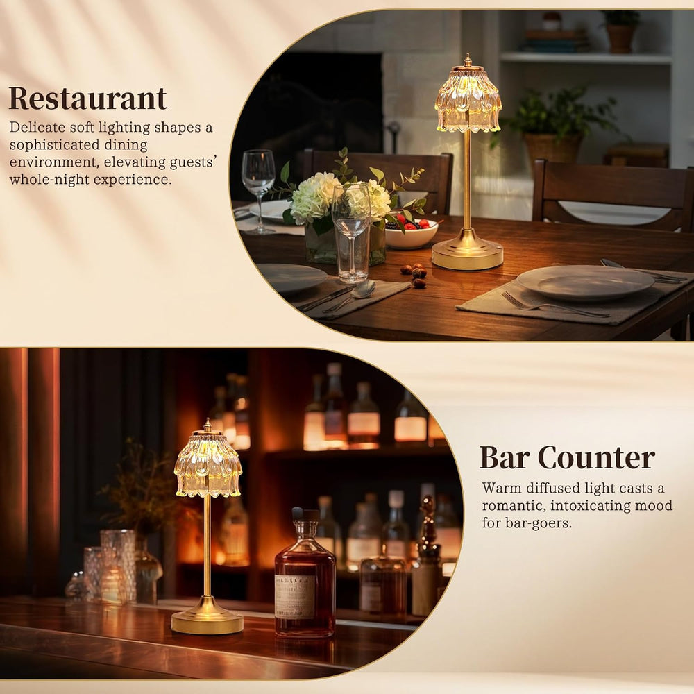 Rechargeable Cordless Table Lamp with Amber Glass, Gold Flower Table Lamp