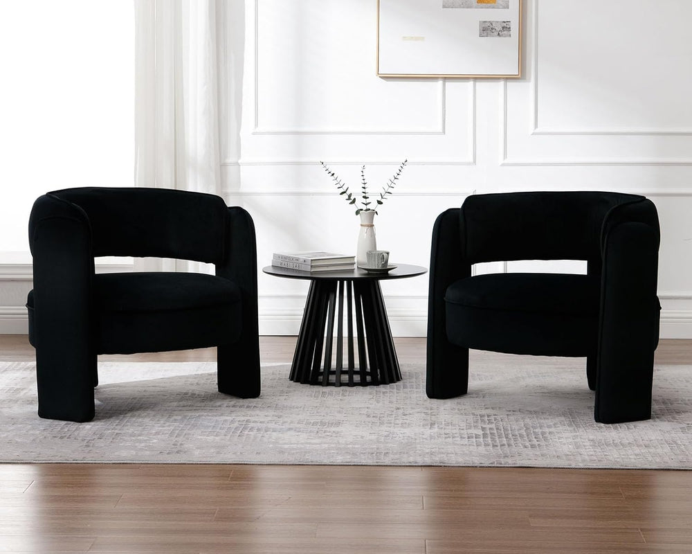 BESTANO Modern Barrel Accent Chair Set of 2, Black Velvet Upholstered Armchai...