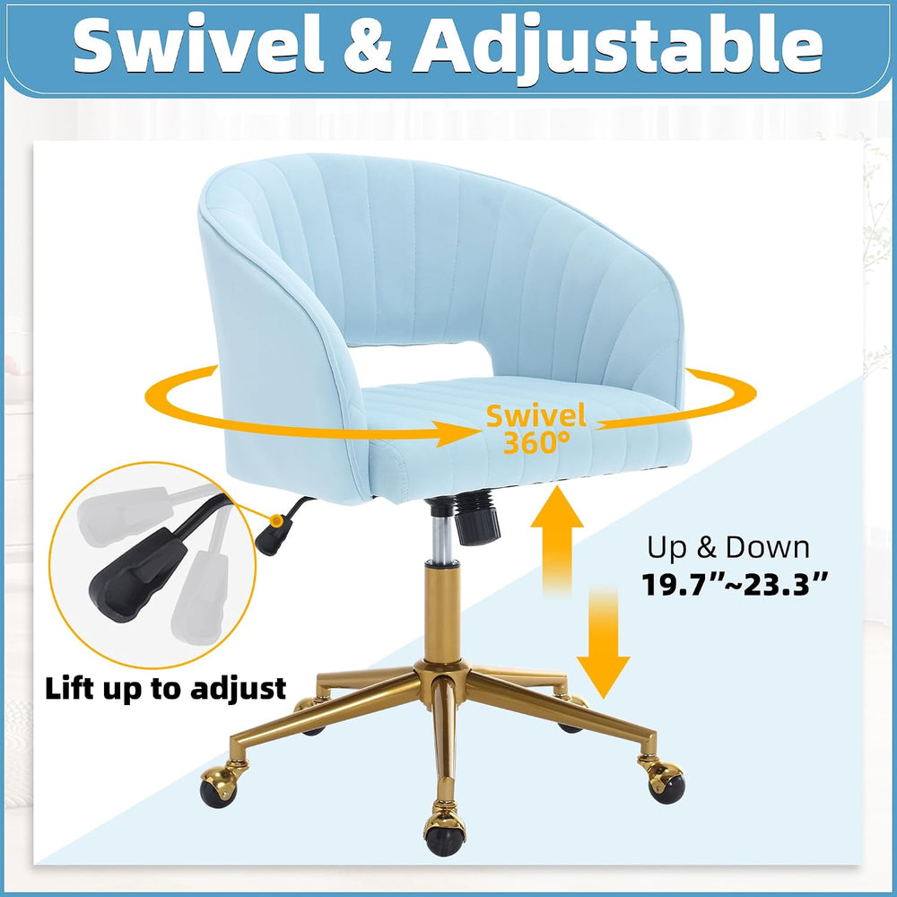 ABET Desk Chair with Wheels, Gold Base, Velvet Accent Vanity Armchair, Blue