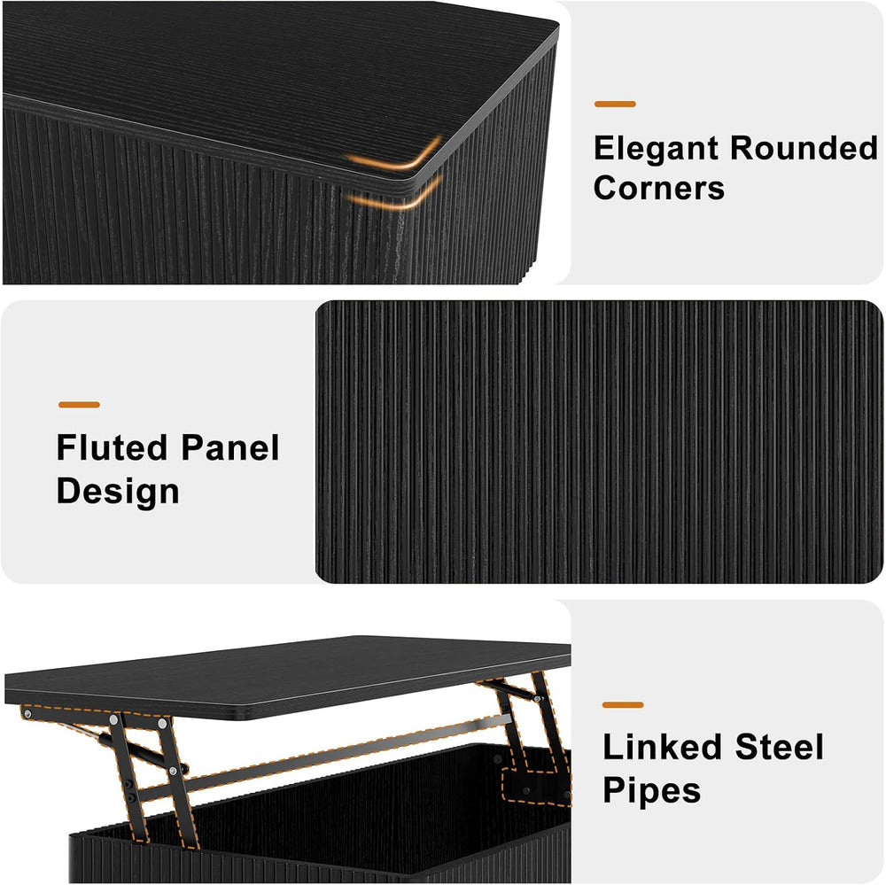 FABATO 41.7'' Fluted Lift Top Coffee Table Large Hidden Storage, Black