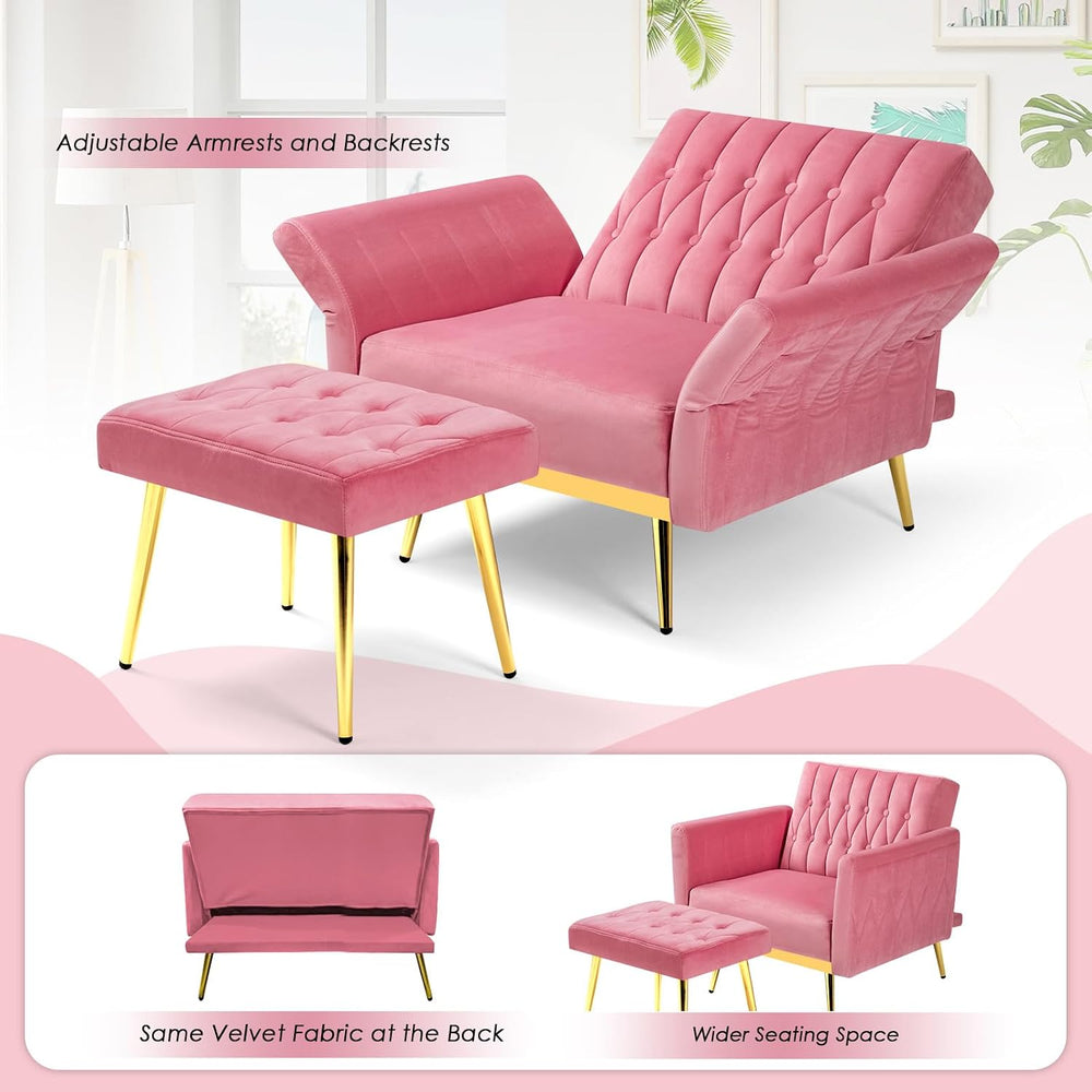 Velvet Accent Chair w/Adjustable Backrest & Armrests, Pink
