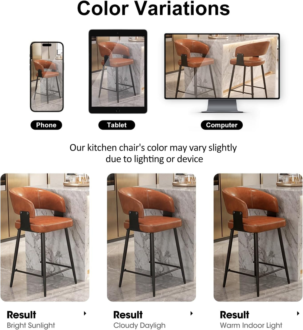 26" Counter Height Bar Stools, Padded Bar Chairs, Set of 2, Brown