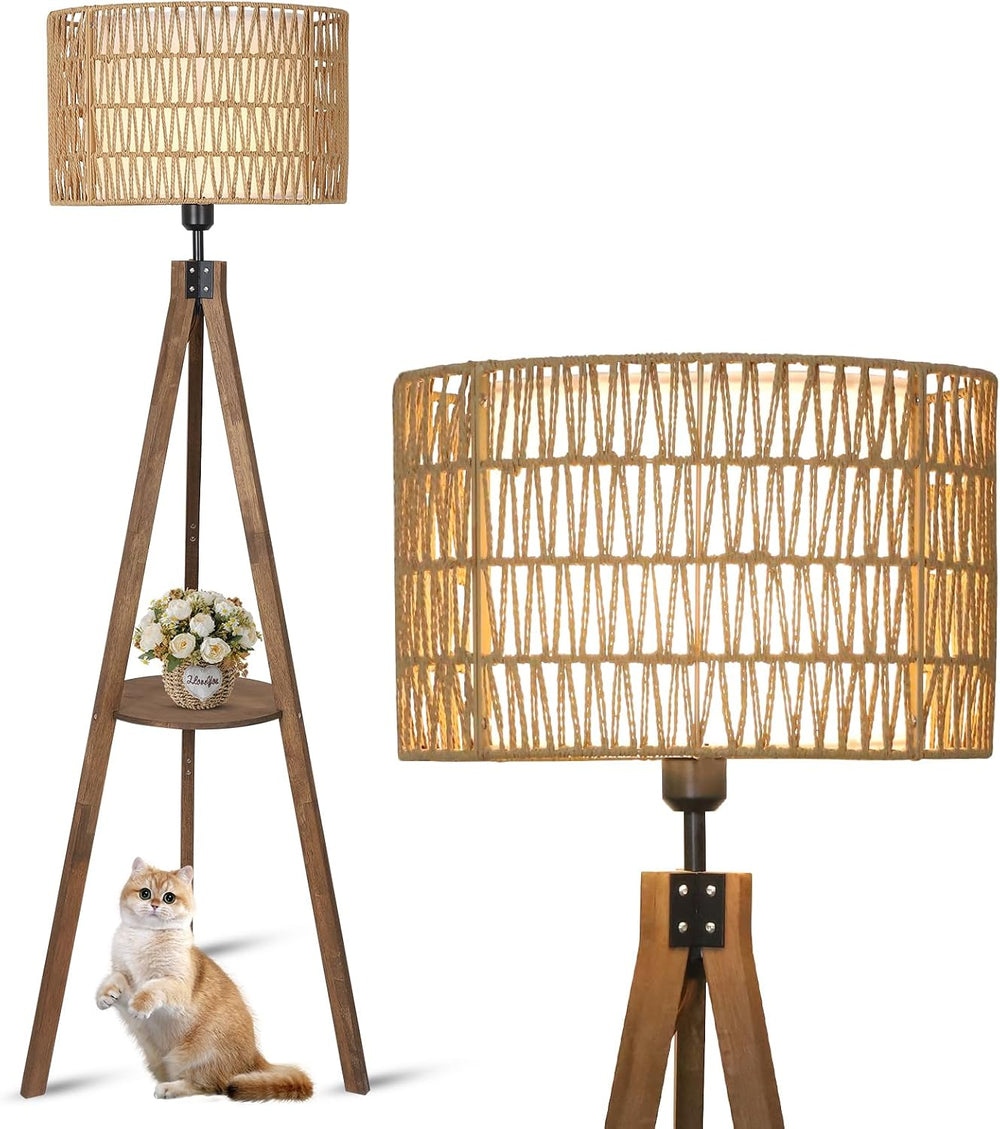 LAMSU Boho Tripod Floor Lamps for Living Room, Rattan Wood Floor Lamp with Fa...