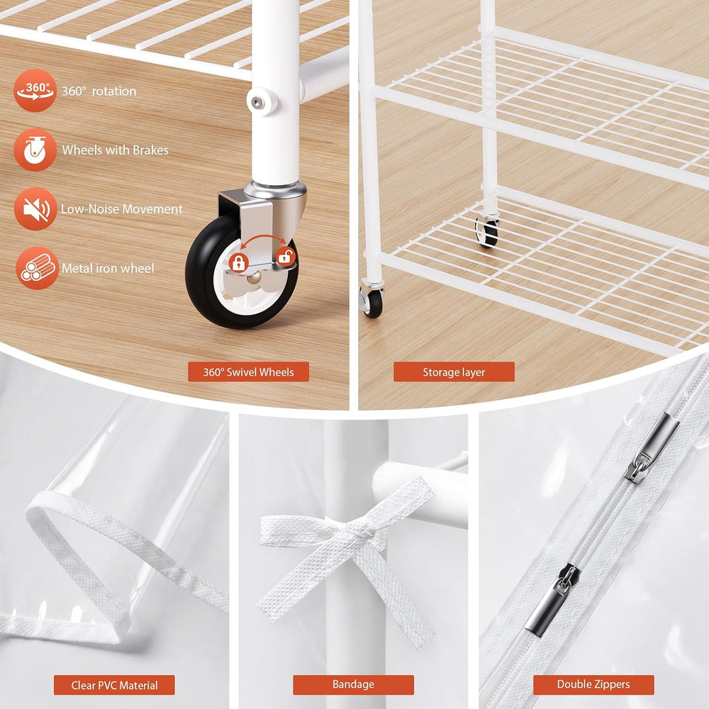 Univivi Rolling Clothes Rack with Clear Dust Cover and Bottom Storage Shelf