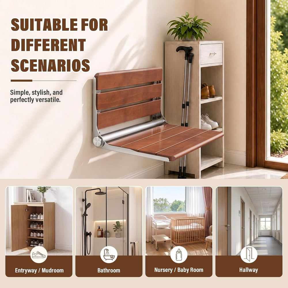 17" Folding Shower Seat Wall Mounted, Foldable Teak Shower Bench, Max 440lb