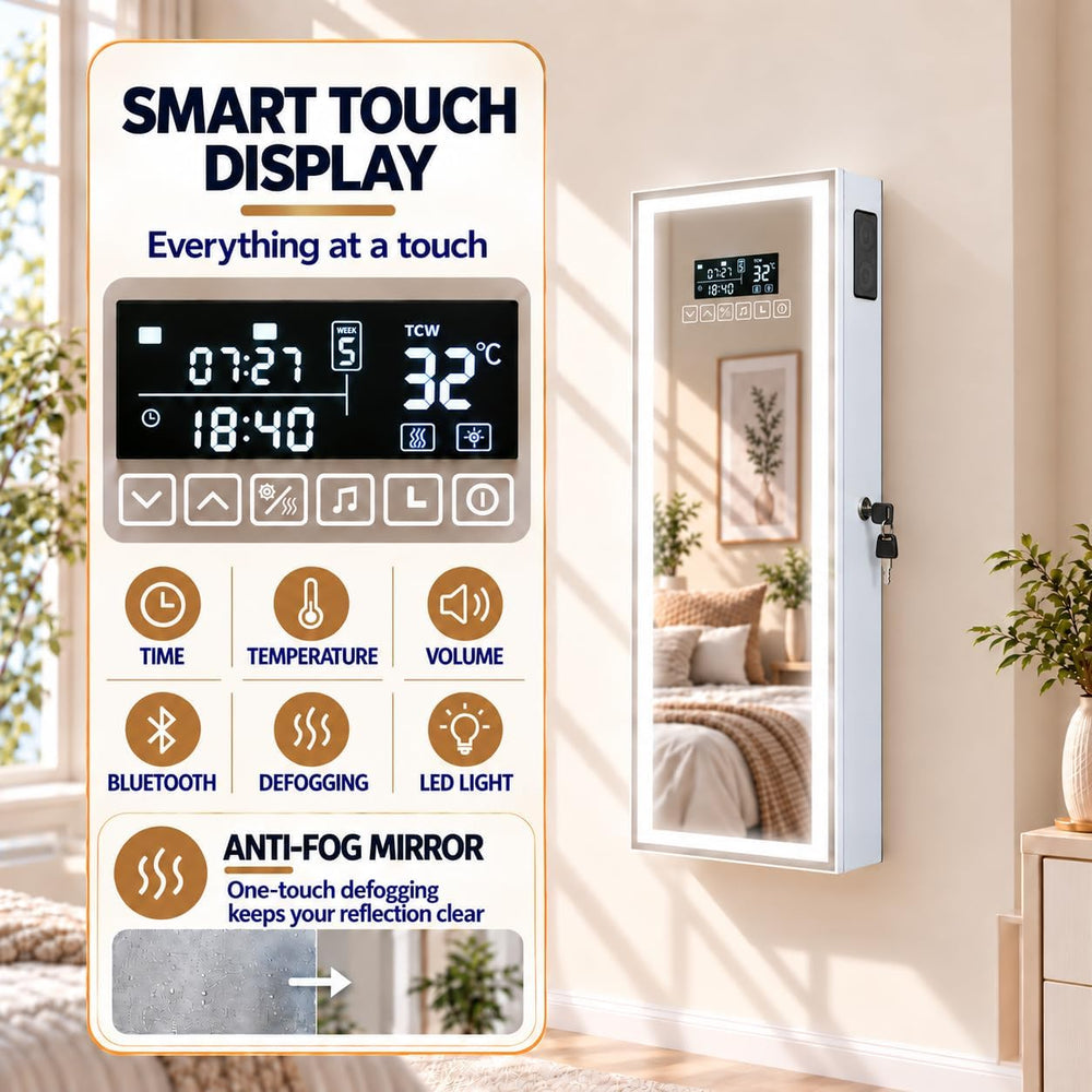 LED Mirror Jewelry Cabinet, Bluetooth Speaker, Full Length Mirror, White