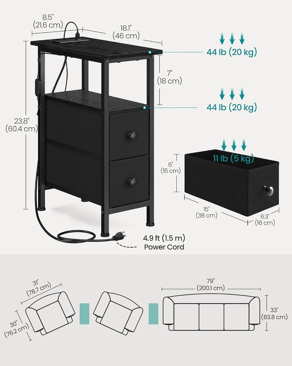 SONGMICS Side Table with LED Light, Narrow End Table with 2 Fabric Drawers