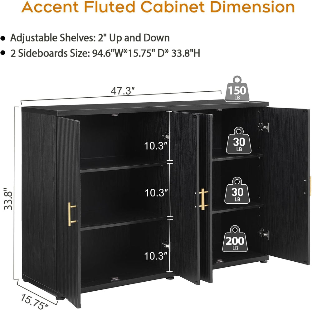 Yechen 94.6" Black Fluted Sideboard Buffet Cabinet with Storage and 8 Do...