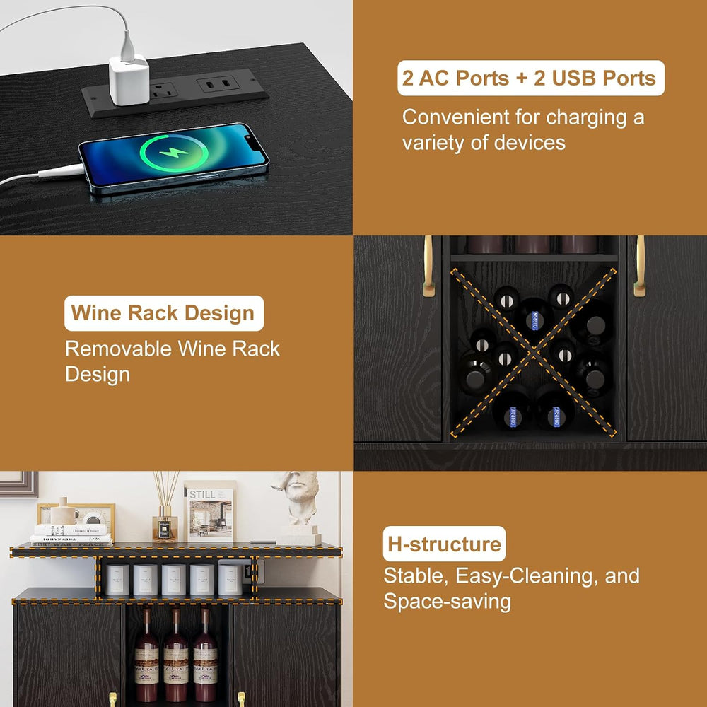 Wine Bar Cabinet with Power Outlet and LED Light for Dining Room