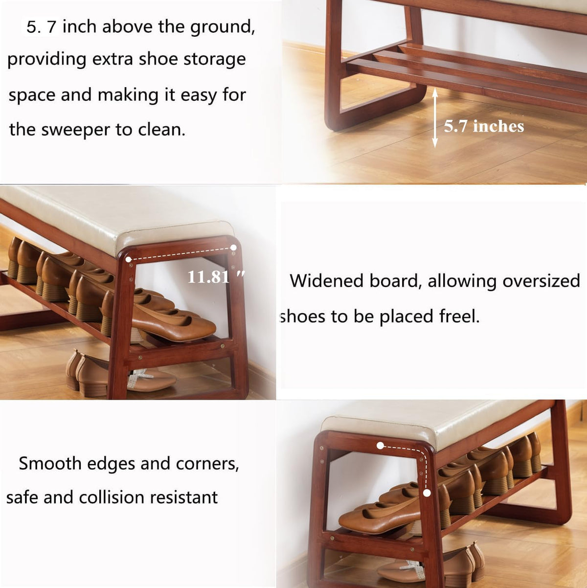 SOBIBO Solid Wood Shoe Bench, 2-Tier Wooden Entryway Bench, Modern Shoe Rack with Faux Leather Cushion for Hallway, Living Room (Gray, 21.65'')