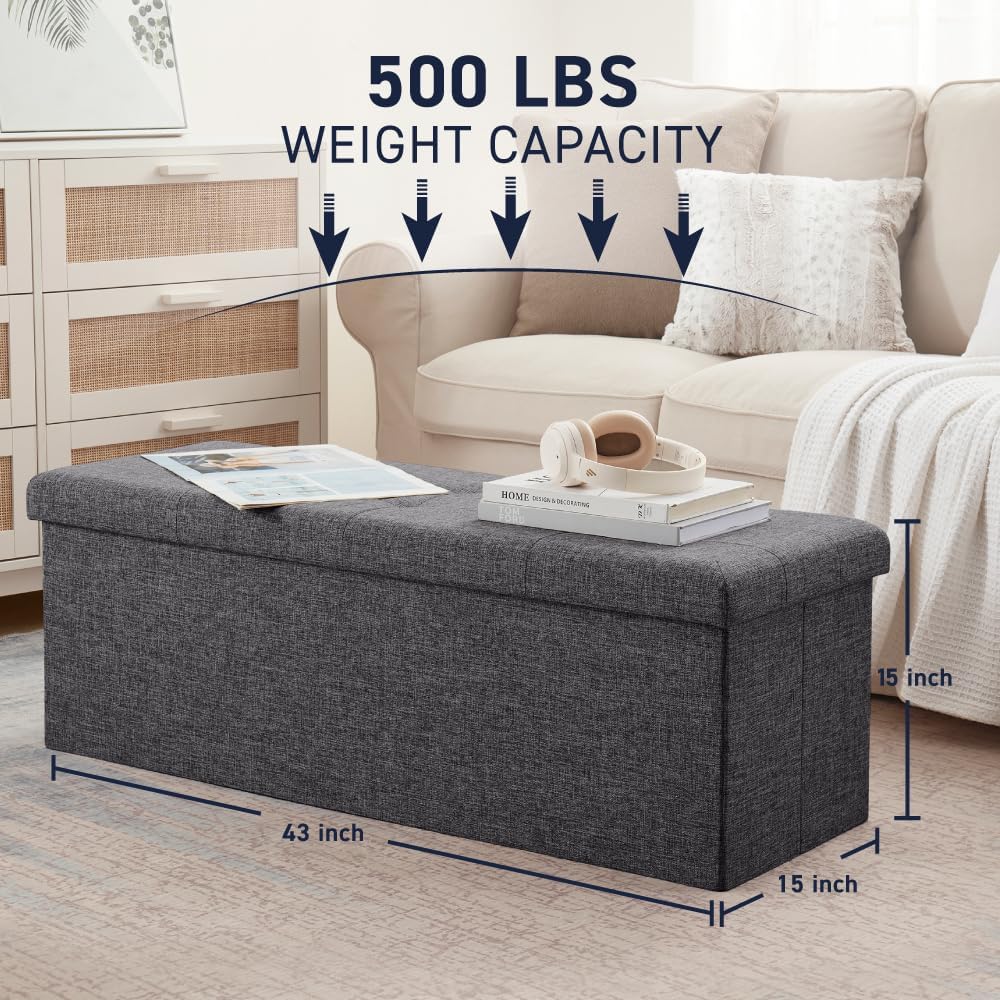 Ornavo Home 43 Inch Folding Extra Large Storage Bench, Linen, Dark Gray