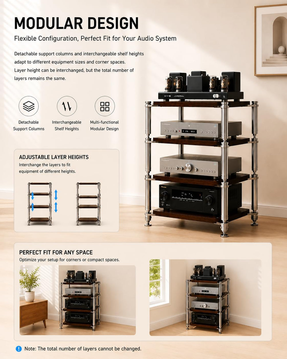3-Tier HiFi Audio Rack, Audio Component Stand Black Walnut