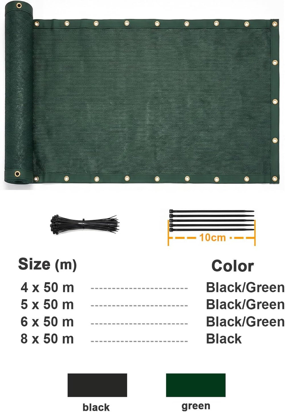 5' x 50' Privacy Fence Screen, HDPE Mesh with Grommets, Green