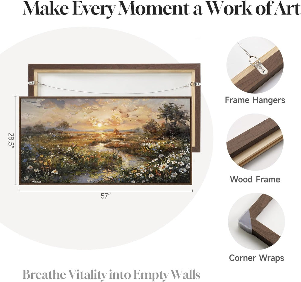 Large Framed Vintage Sunset Landscape Wall Art for Living Room, 60x30 Inch
