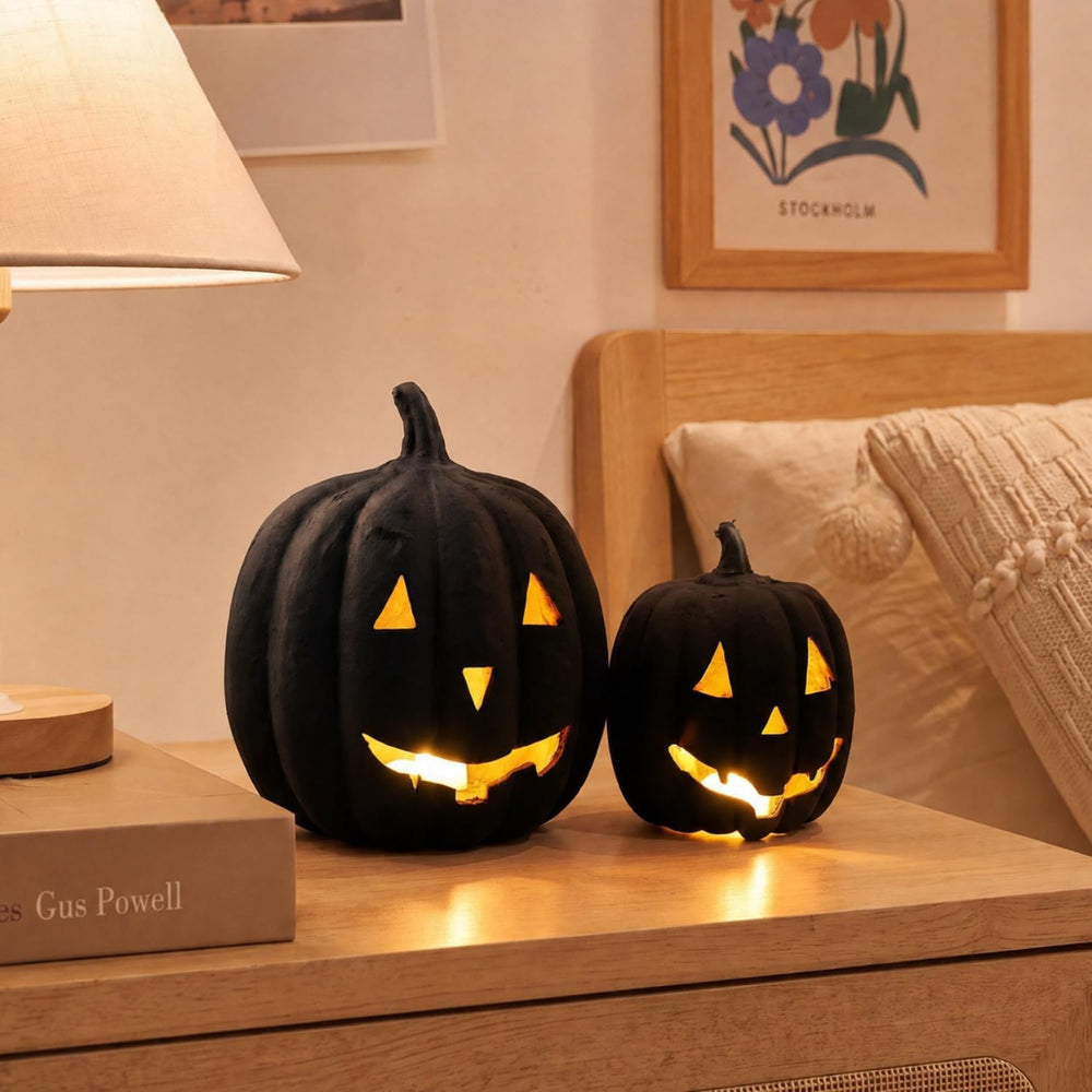 Tenceur 2 Pack Halloween Paper Mache Jack O' Lanterns Pumpkin Indoor, Black