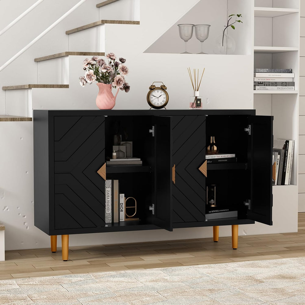 HLR 48'' Modern Sideboard Buffet Storage Cabinet with 4 Doors, Black
