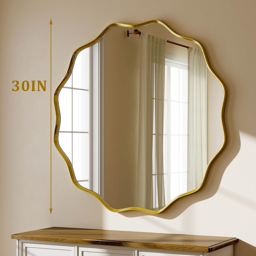 Gold Scalloped Circle Mirror, 30" Wavy Edge Round Wall Mirror