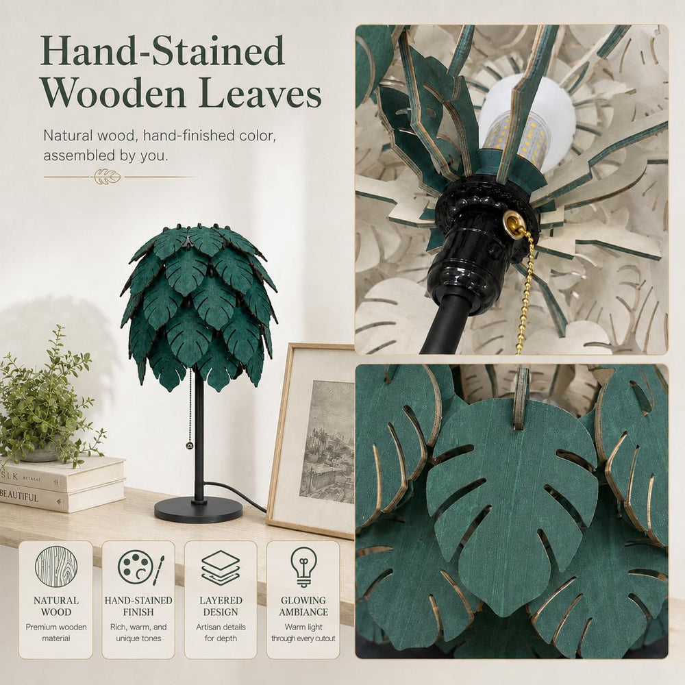 DIY Wood Monstera Table Lamp for Bedroom, Dimmable Lamp with Pull Chain