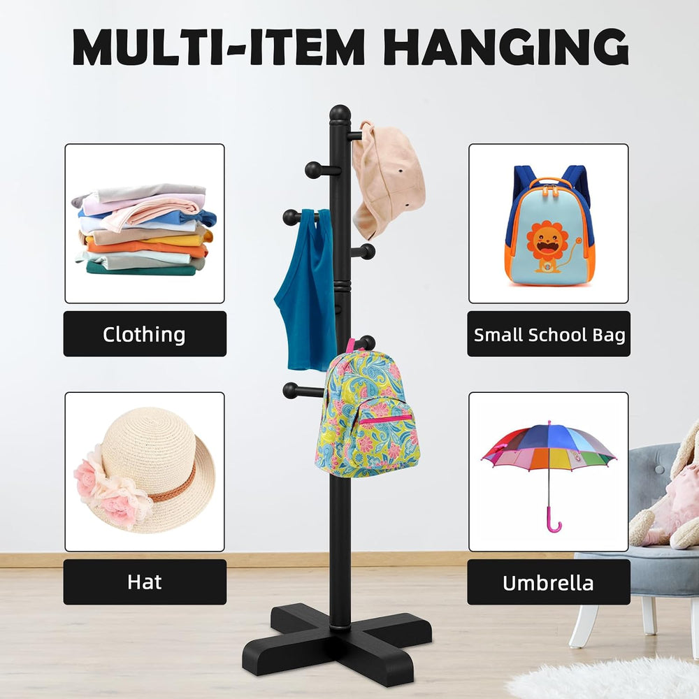 8-Hook Freestanding Wooden Coat Rack 2 Adjustable Heights BLACK