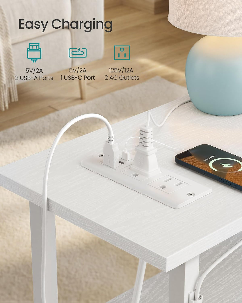 SONGMICS Side Table with LED Light, Narrow End Table with 2 Fabric Drawers