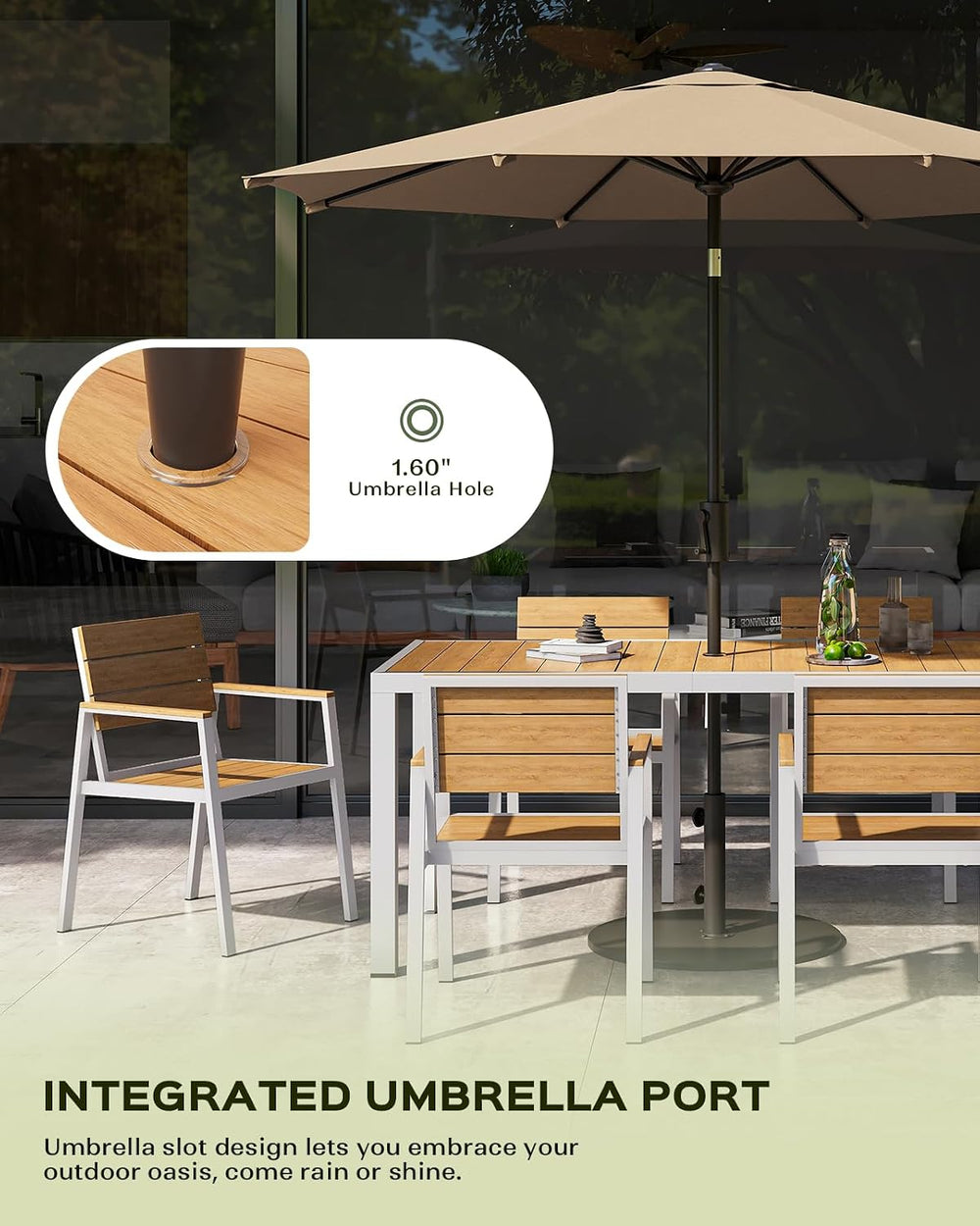 Vexwalx 10 Pcs Outdoor Dining Set, 67" HDPS Dining Set for 8, White-Teak
