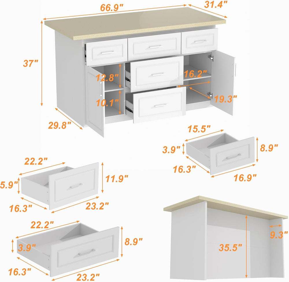 AIEGLE 66.9-in Stationary Kitchen Storage, Island Table with Seating, White
