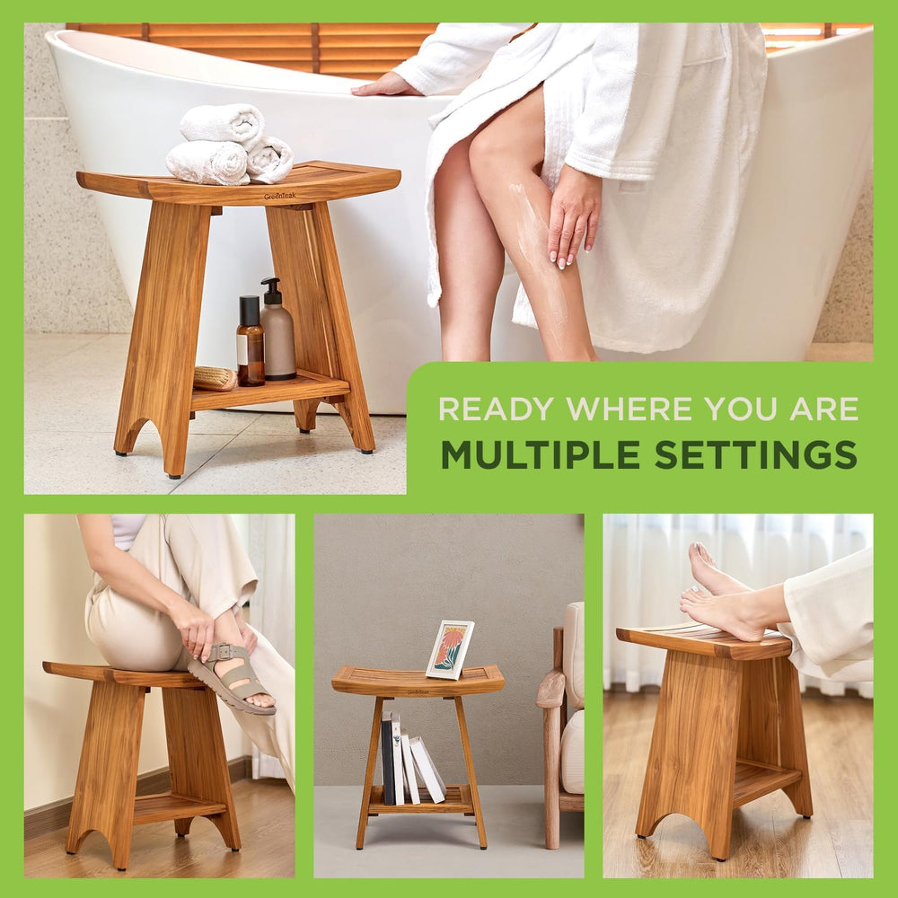 Premium 18" Teak Shower Bench, Non-Slip Safety, 2-Tier - Curved