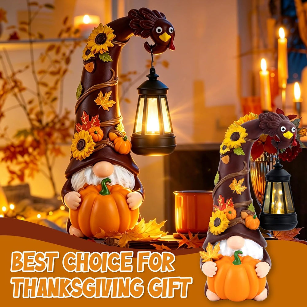 Thanksgiving Fall Turkey Pumpkin Gnome Statue with Solar Lights