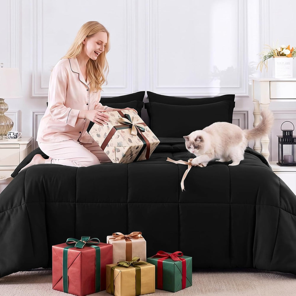 CozyLux Full Size Comforter Sets, 7-Piece Bed in a Bag, Black
