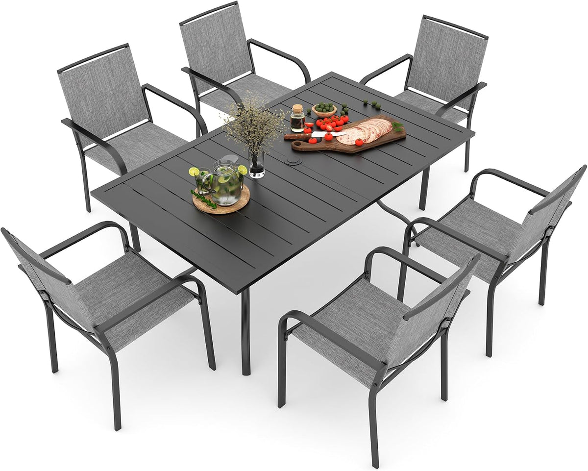 Outdoor Patio Dining Set with 63"x38" Rectangle Table,Gray Stackable Chairs