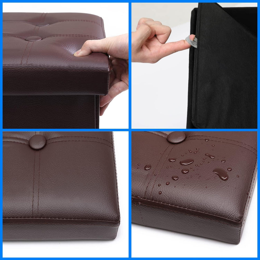 Bsketa Storage Ottoman Bench, 17" Folding Leather Foot Rest, Brown 2 Pack
