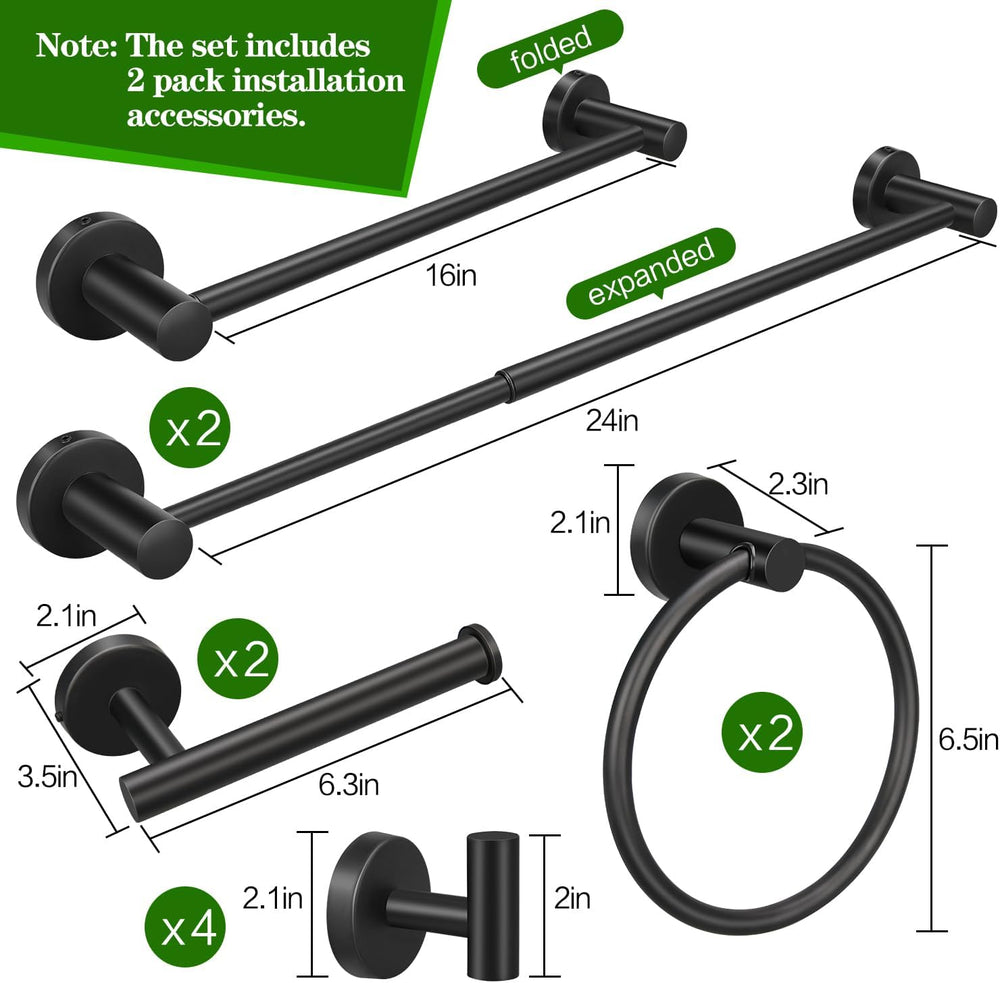 10pcs Matte Black Retractable Bathroom Hardware Set,