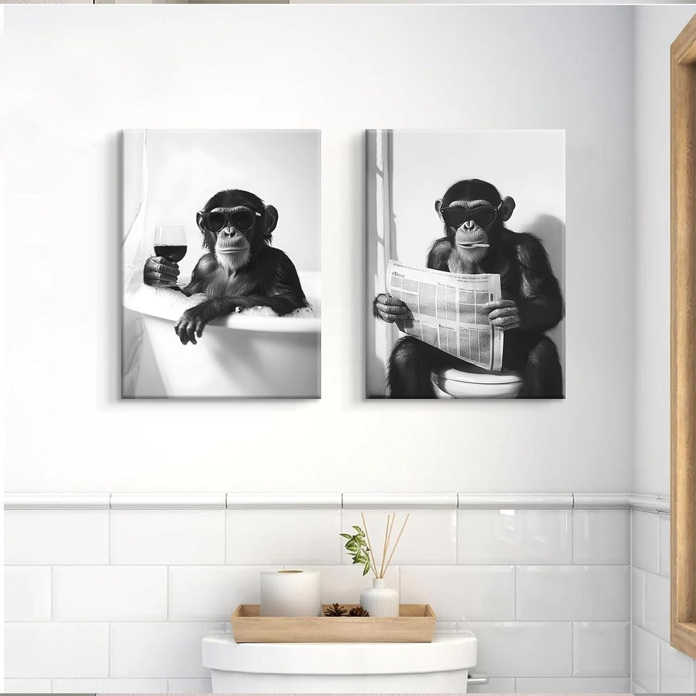 2Pcs Funny Monkey Bathroom Wall Art Chimpanzee in Bathtub Wall Decor Black an...