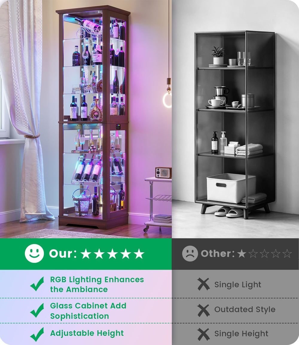 LVSOMT 71“ Tall Bar Cabinet with RGB Lights & Glass Doors, 7-Tier, Wood