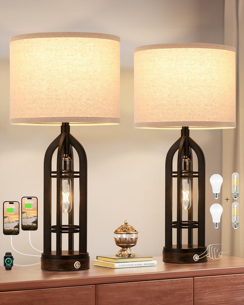 Seealle Table Lamps for Living Room, 3 Way Dimmable Farmhouse Lamp Set of 2