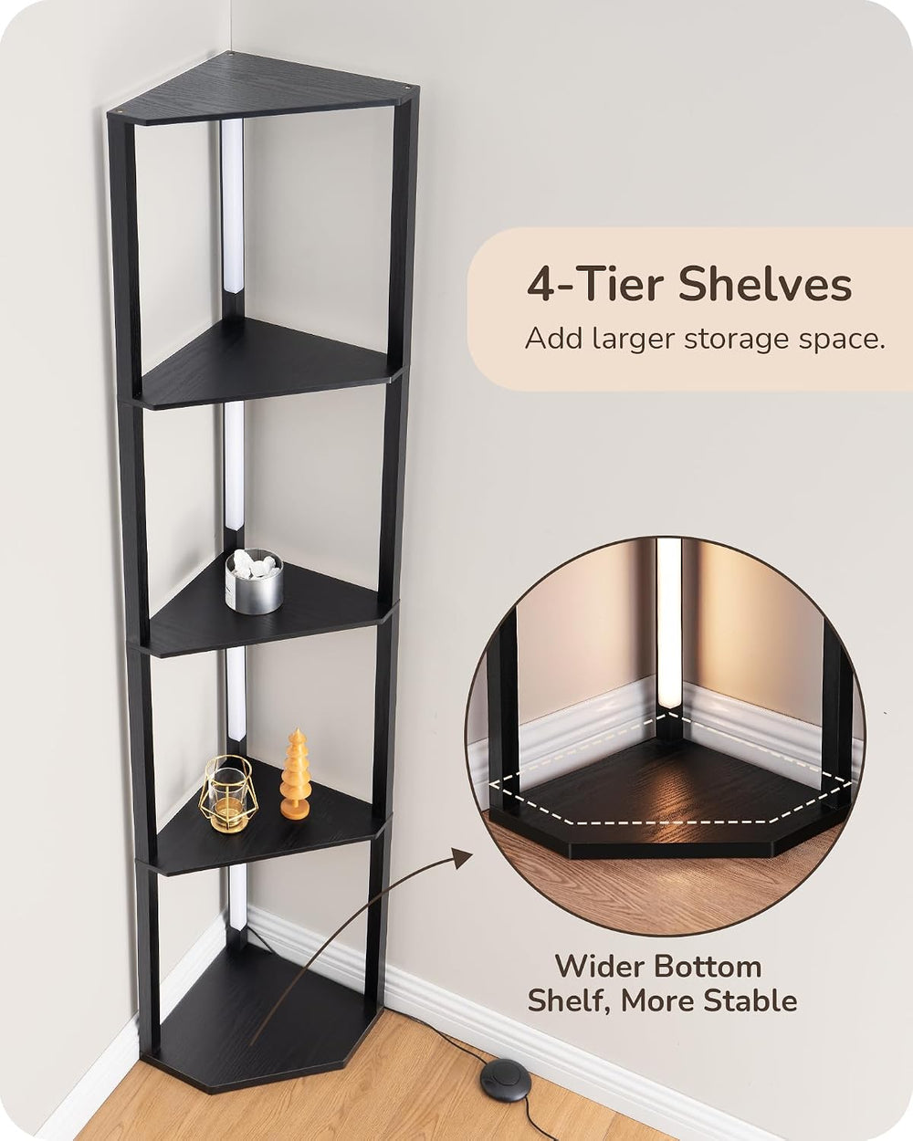 EDISHINE 64'' Corner Display Shelf Floor Lamp, 3CCT, Floor Lamp, Black