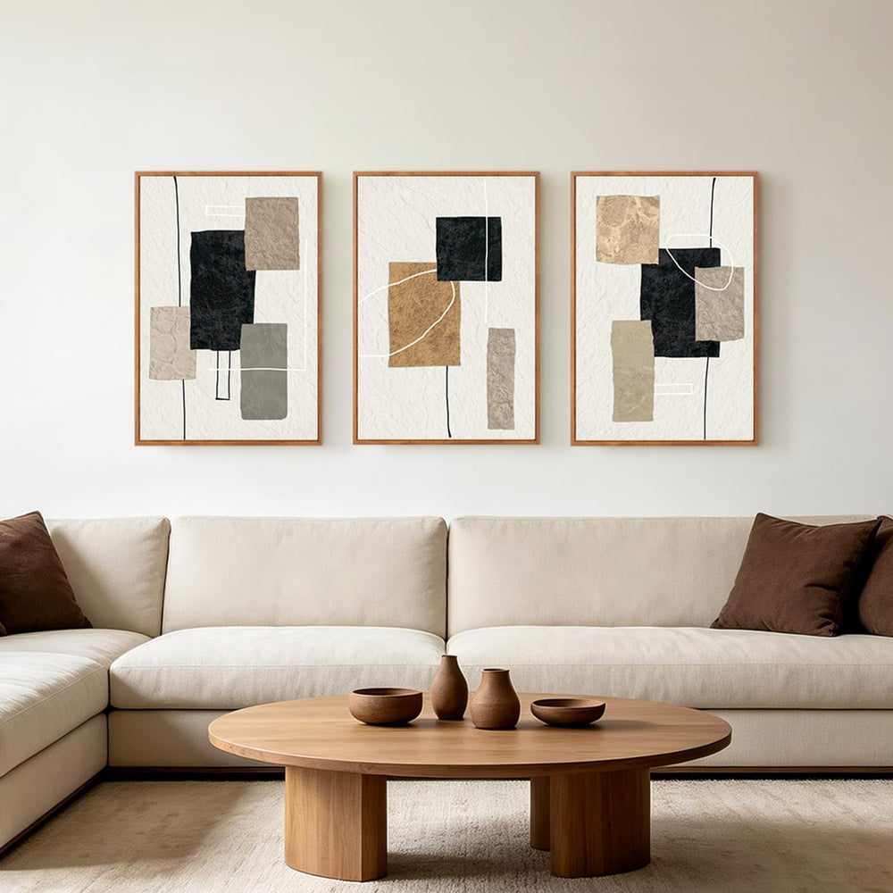 KAIRNE Neutral Abstract Framed Wall Art Set 3,16x24 Beige Black Wall Decor