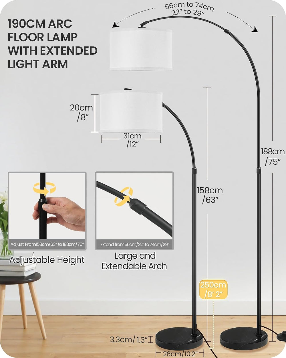 75" Dimmable Arc Lamp with Marble Base, Adjustable Height,White Linen Shade