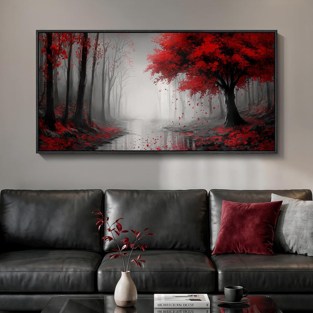 Framed Red Misty Forest Landscape Wall Art for Living Room, 60x30 Inch