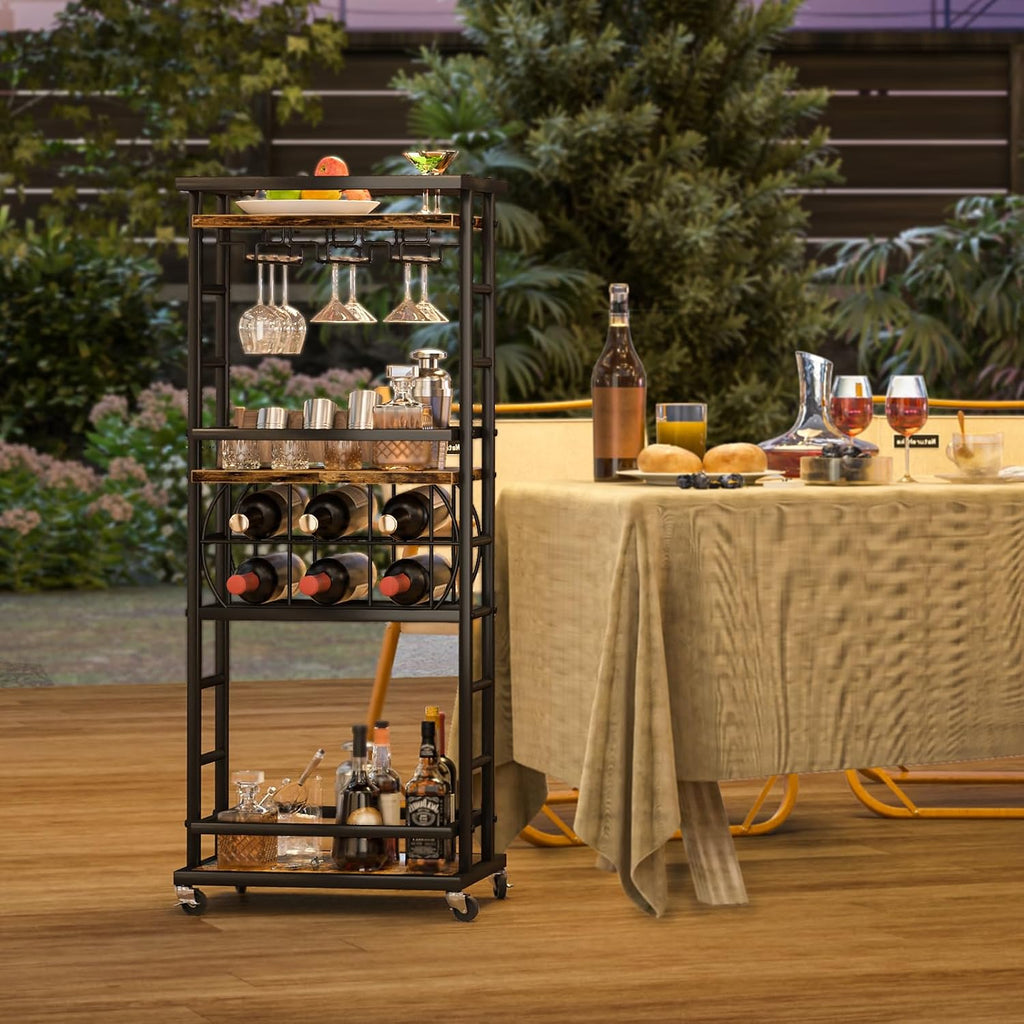 4 Tier Bar Cart for Home with Wheels,Home Bar Serving Cart, Rolling Mini Wine Cart with Wine Rack and Glass Holder, Drink Cart for Dining Room, Living Room, Kitchen, Bar and Outdoor, Rustic Brown