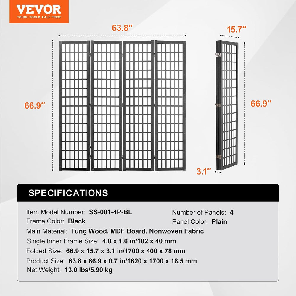 VEVOR Room Divider, 4 Panel Japanese Room Divider, Wood Folding Privacy Scree...