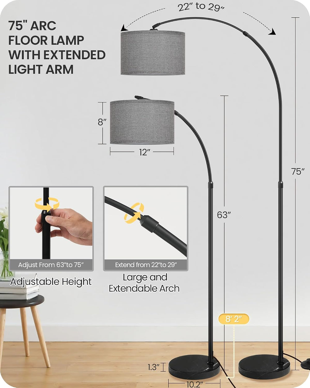 75" Dimmable Gray Arc Floor Lamp with Marble Base and Adjustable Height