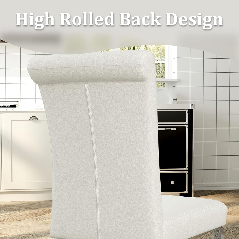 ACEDÉCOR White Faux Leather Dining Chairs Set of 2 with Silver Metal Legs