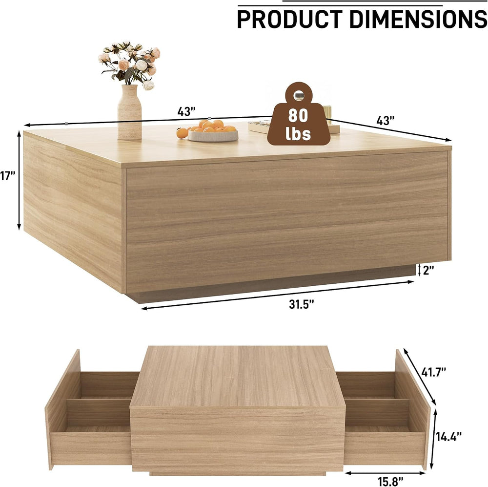 43 Inch Large Square Coffee Table with Storage,Wooden Coffee Table((OAK)