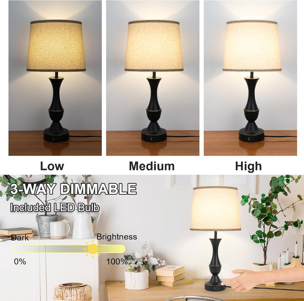 LALISU Touch Table Lamps Set of 2, Farmhouse Table Lamp with USB Charge