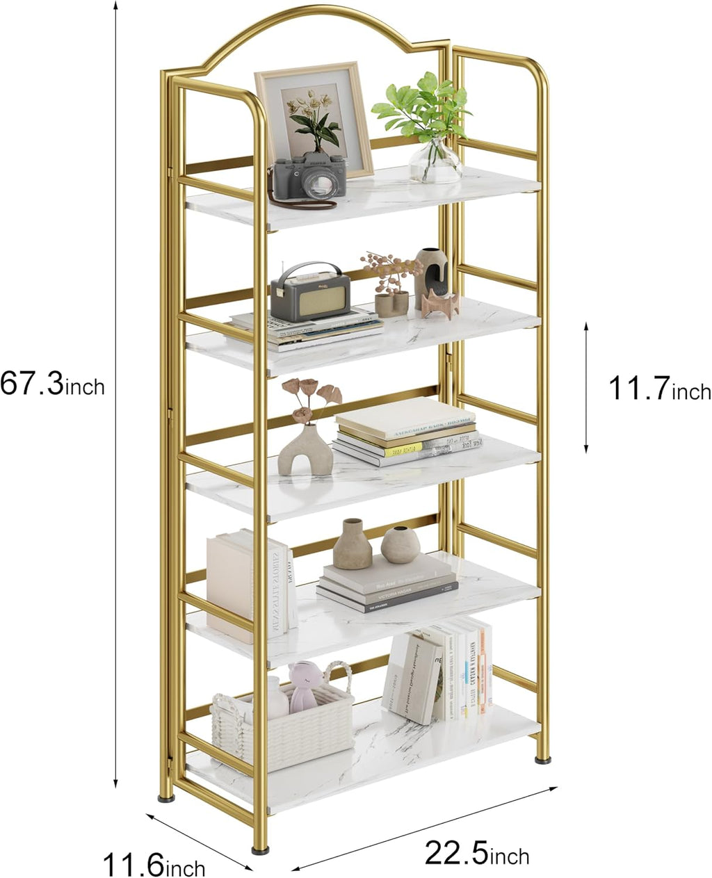 gold folding bookshelf 5 tiers, no assembly,vintage storage, close-up detail