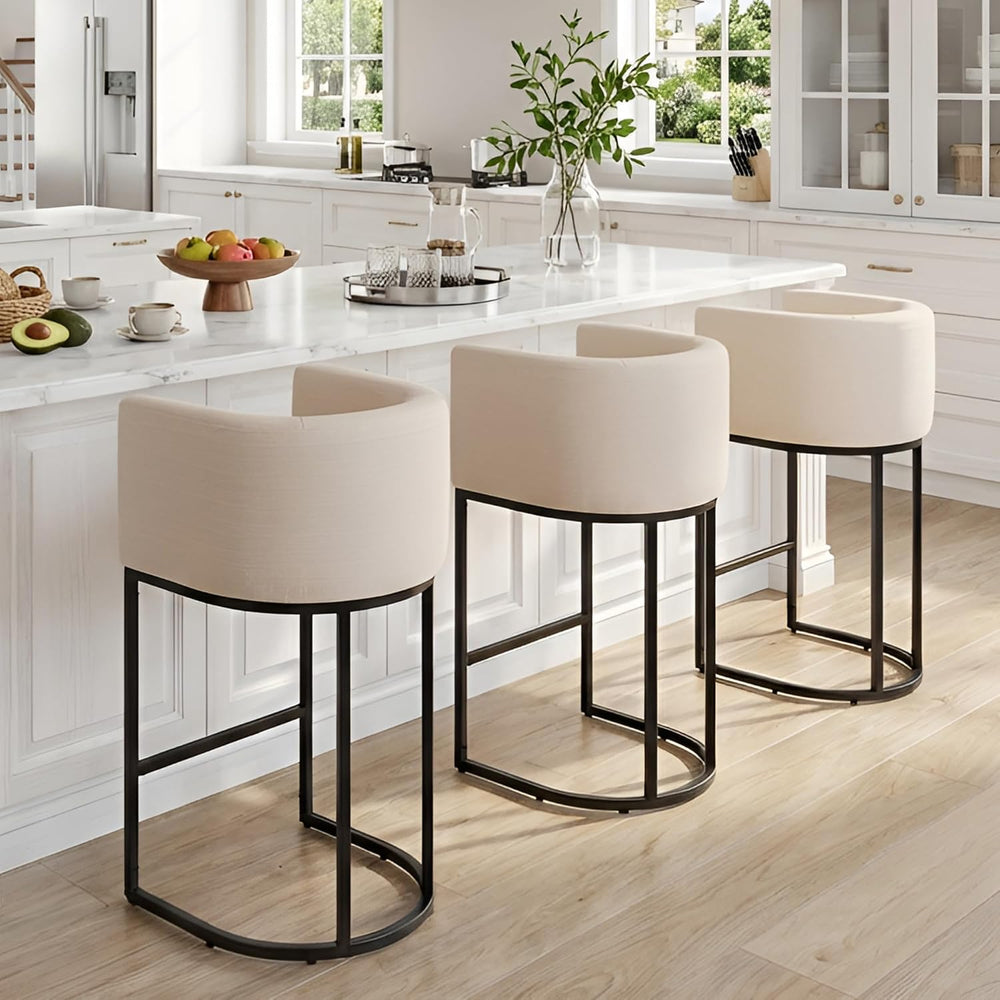 HNY Modern Counter Height Linen Fabric Cream Upholstered Counter Stools Set o...